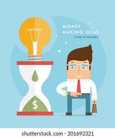 Money Making Ideas Concept, Time is Money. Vector Business Man. Flat Style Design.