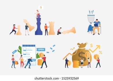 Money making illustration set. Office employees playing chess, working on laptop, buying in online shop, investing money. Business concept. Vector illustration for banners, layouts, website design