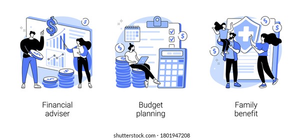 Money management abstract concept vector illustration set. Financial adviser, budget planning, family benefit, investment, financial plan, tax strategy, piggy bank, child payment abstract metaphor.