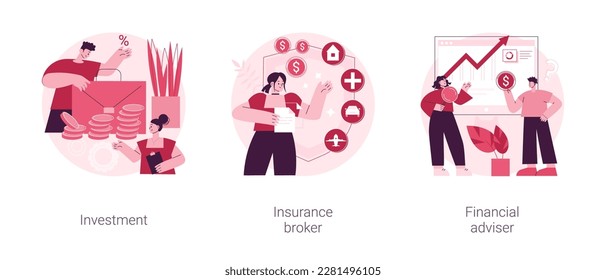 Money management abstract concept vector illustration set. Investment financial adviser, insurance broker, financial goals, income dividends, tax strategy, budget savings plan abstract metaphor.