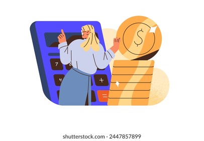 Money management, budget planning. Accountant calculates stack of coins. Woman counts financial savings with calculator. Bookkeeping concept. Flat isolated vector illustration on white background