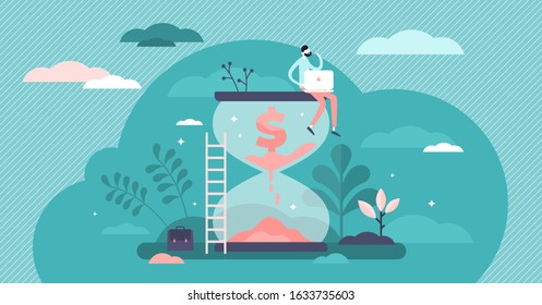 Money management business concept, flat tiny person vector illustration. Time ticking and spending company funds process. Startup financial milestone planning and commerce strategy. Sand clock symbol