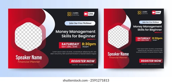 Money management Business Conference live webinar banner invitation and social media post template. Business webinar invitation design. Vector