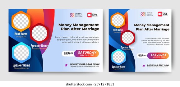 Money management Business Conference live webinar banner invitation and social media post template. Business webinar invitation design. Vector