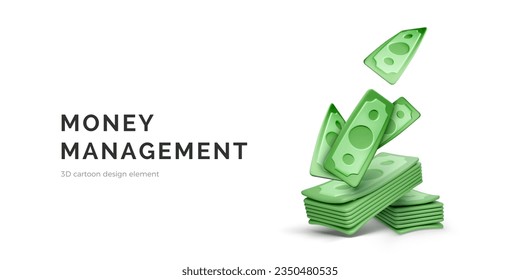 Money management. Cartoon green dollars falling on paper currency bundle. Business and finance concept. 3D vector illustration