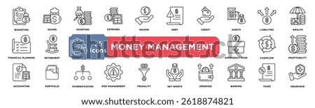 money management collection set. Containing budgeting, saving, investing, expenses, income, debt, credit, assets, liabilities, wealth icon. Simple line