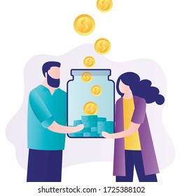 Money management concept. Business people invest money in new startup project. Team inserting cash into glass jar. Startup capital, finance planning, economy. Family budget. Flat vector illustration