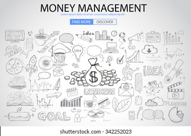 Money Management concept with Doodle design style saving solution, investmen studies, stock graphs. Modern style illustration for web banners, brochure and flyers.