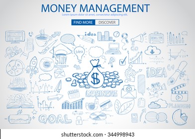 Money Management concept with Doodle design style saving solution, investmen studies, stock graphs. Modern style illustration for web banners, brochure and flyers.