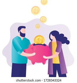 Money management concept. Family budget, financial planning. Marriage couple puts golden coins into piggy bank. Business team invest money to new startup project. Bank deposit.Flat vector illustration