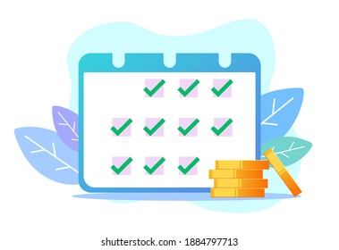 Money management concept.  Financial planning with schedule calendar. Financial plan, budget planning, flat vector illustration isolated on white background.