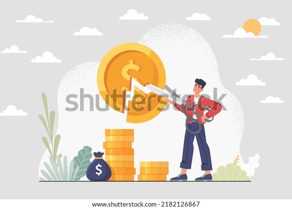Money management concept. Man with scissor
cuts coin. Metaphor for smart distribution of income, budget.
Financial literacy and economics, entrepreneur, businessman.
Cartoon flat vector
illustration