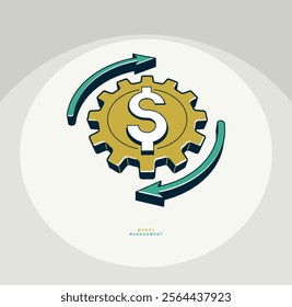 Money management concept poster, gear with dollar sign and arrows vector icon style illustration, business finances.