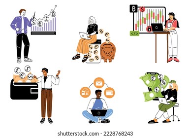 Concepto de gestión monetaria. Conjunto de personajes analizando el presupuesto personal, invirtiendo dinero y generando ganancias o ingresos. Alfabetización financiera. Colección vectorial plana de dibujos animados aislada en fondo blanco