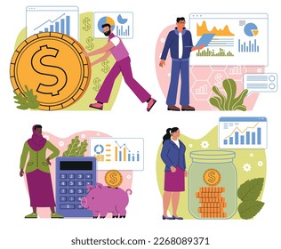Concepto de gestión monetaria. Escenarios con gente invirtiendo finanzas, ahorrando monedas en un banco de cerdos, contando ingresos y planificando el presupuesto. Colección vectorial plana de dibujos animados aislada en fondo blanco