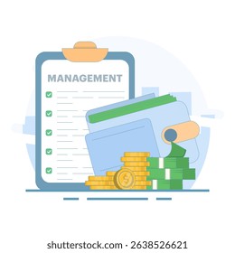 Money management concept, Wallet with money. Accounting and saving money. Money management business. Personal finance management and savings. Flat design vector illustration.