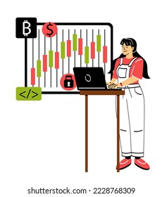 Money management concept. Young smiling female investor using cryptocurrency mining software. Stock market and profit increase. Financial strategy. Cartoon flat vector illustration in doodle style