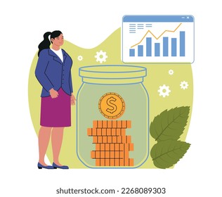 Money management concept. Young woman invests gold coins or saves them in glass jar. Financial literacy and personal or corporate budget planning. Profit Analysis. Cartoon flat vector illustration