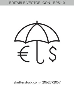 Money management with dollar and euro sign. Editable stroke line icon. Vector illustration.