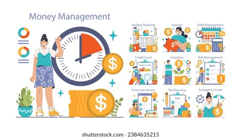 Money Management Essentials set. Budgeting, saving and planning. Financial literacy, investing and risk assessment. Tax strategies and emergency funds. Flat vector illustration