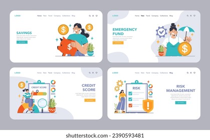 Money Management Essentials set. Budgeting, saving and planning. Financial literacy, investing and risk assessment. Tax strategies and emergency funds. Flat vector illustration