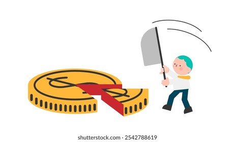 Money management, financial planning or wealth management or investment portfolio, paying for tax, loan or debt, inflation concept, businessman using pizza cutter to split golden dollar money coin.