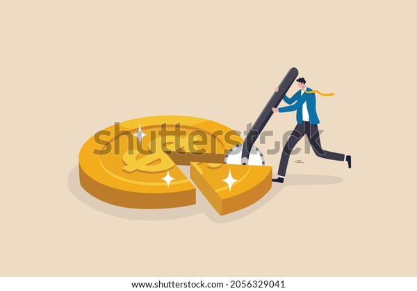 Money management, financial planning or wealth\
management or investment portfolio, paying for tax, loan or debt,\
inflation concept, businessman using pizza cutter to split golden\
dollar money coin.