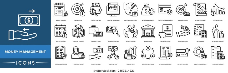 Money Management icon. Budget Planner, Savings Goal, Expense Tracker, Financial Dashboard and Investment Portfolio