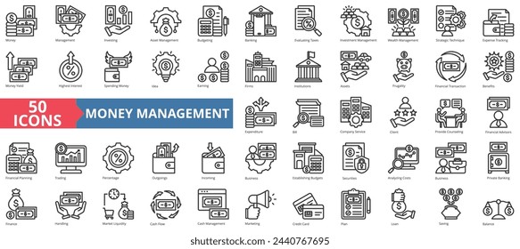 Money management icon collection set. Containing investing, asset, budgeting, banking, evaluating taxes, investment, wealth icon. Simple line vector.