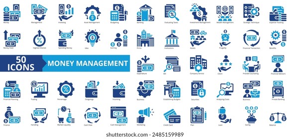 Money management icon collection set. Containing investing, asset, budgeting, banking, evaluating taxes, investment, wealth icon. Simple flat vector.