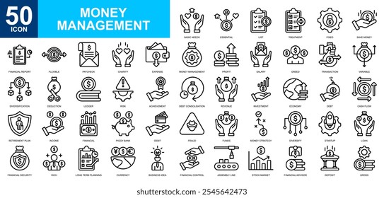 Money Management icon collection set. Maekrting, management, financial strategy, investment, bank, currency. Simple line vector.