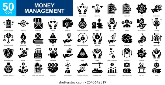 Conjunto de coleta de ícones do Money Management. Marketing, gestão, estratégia financeira, investimento, banco, moeda. Vetor de glifo simples.