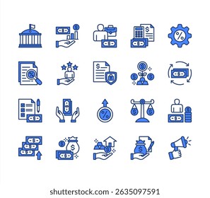 Money management icon collection set. Containing investing, asset, budgeting, banking, evaluating taxes, investment, wealth icon. Simple flat vector.