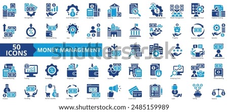 Money management icon collection set. Containing investing, asset, budgeting, banking, evaluating taxes, investment, wealth icon. Simple flat vector.