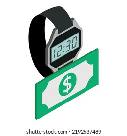 Icono de gestión de dinero vector isométrico. Reloj electrónico de muñeca y billete de dólar. Gestión de efectivo, concepto de finanzas
