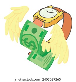 Money management icon isometric vector. Wristwatch and dollar banknote with wing. Cash management, finance concept