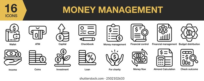 Money Management icon set. Includes atm, calculation, capital, financial control, income, wallet, loan, and More. Outline icons vector collection.
