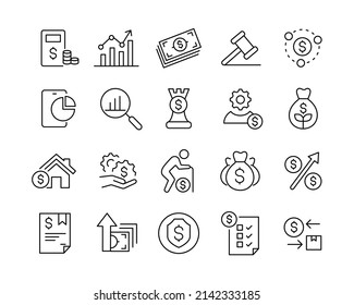 Iconos de gestión de dinero - Línea de vectores. Stroke editable. 