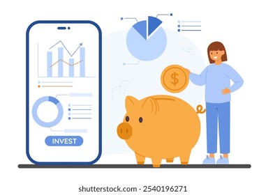 Ilustração de gerenciamento de dinheiro com análise de smartphones, gráficos e um piggy bank, simbolizando a economia e o crescimento do investimento