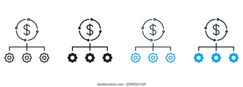 Money Management Industry Line e conjunto de ícones de silhueta. Pictograma Do Investimento Financeiro Eficaz. Sinal de otimização de negócios. Traço editável. Ilustração de vetor isolada.