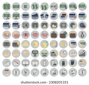 Money management related icon set. Mortgage, Guarantors, Bank building, documentation, income, expenses, financial belongings.