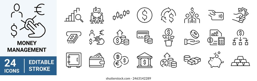 Conjunto de iconos relacionados con la gestión del dinero. dinero, negocios. Colección de iconos de esquema. Trazo editable. Ilustración vectorial