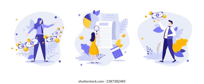 Money management service flat concept vector illustrations set. Business profit increasing, taxes and money flow abstract metaphors