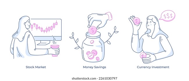 Concepto de estrategia de gestión de dinero con iconos vectoriales. Inversión inteligente del ahorro de dinero para obtener ganancias. Negociar en el mercado de valores. Personajes de dibujos animados planificando el presupuesto. Éxito empresarial y financiero