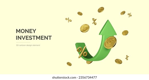 Money management. Success investment and growth profit concept. 3D arrow up and falling gold coins and percentage symbol around. Vector illustration