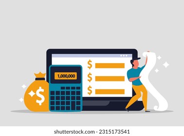 Money management systems and payroll to account. Online income and payment on Internet. Date of payment of salaries to employees and business stands near computer and counts money. Vector illustration