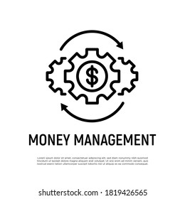 Money Management Thin Line Icon. Investment, Financial Circulation, Financial Operating, Income From Funds. Gear With Arrows. Vector Illustration.