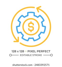Money management two color line icon. Achieve financial success. Cash transformation. Budgeting bicolor outline symbol. Duotone linear pictogram. Isolated illustration. Editable stroke