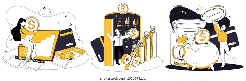 Ilustración vectorial de gestión de dinero. Los banqueros bailan con el ritmo de la gestión del dinero, orquestando una armoniosa Tecnología de ballet financiero teje informes financieros, creando tapices económicos