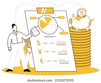 Money management vector illustration. Money is melody, and financial management is conductor orchestrating economic harmony Navigate financial landscape with compass effective money management